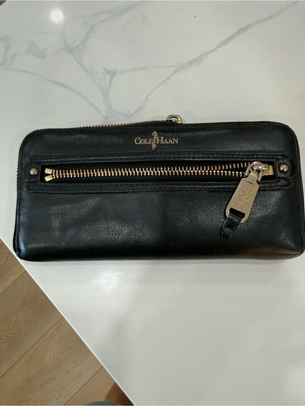 Cole Haan Black Leather Zip Around Continental Wallet Gold Hardware